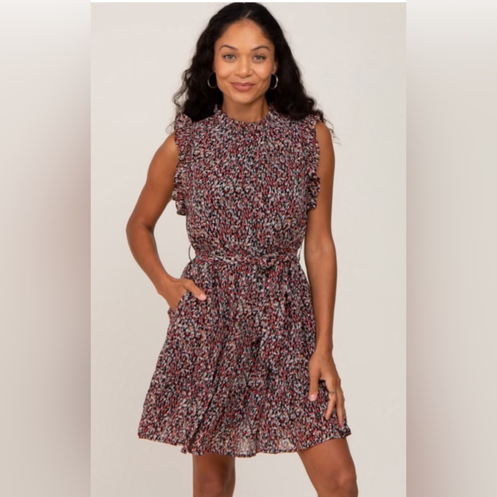 NWT Jodifl Black Mix Print Frill Neckline Babydoll Dress Size Large
